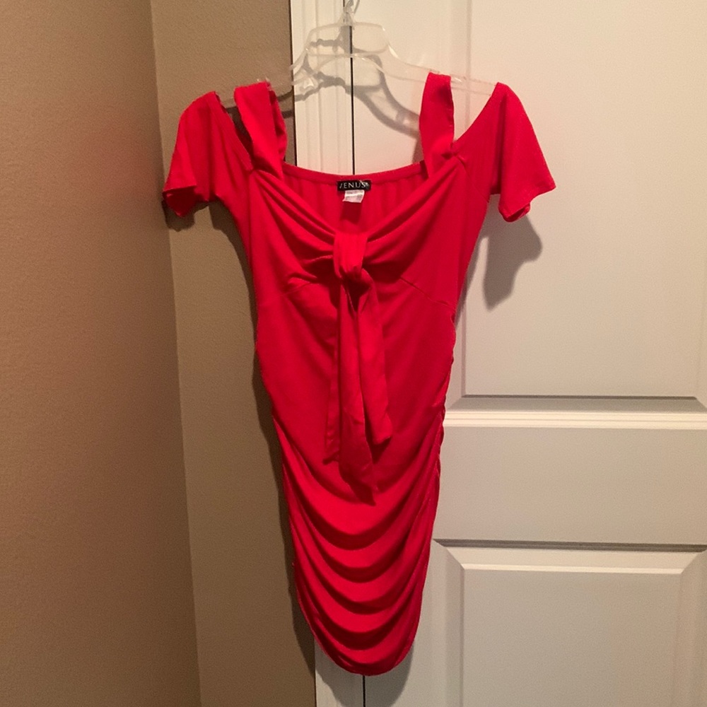 Venus size small red off the shoulder ruched side, tie front knit sundress